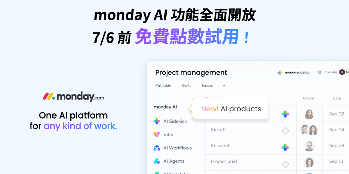 monday AI 功能全面開放，0706前免費點數試用